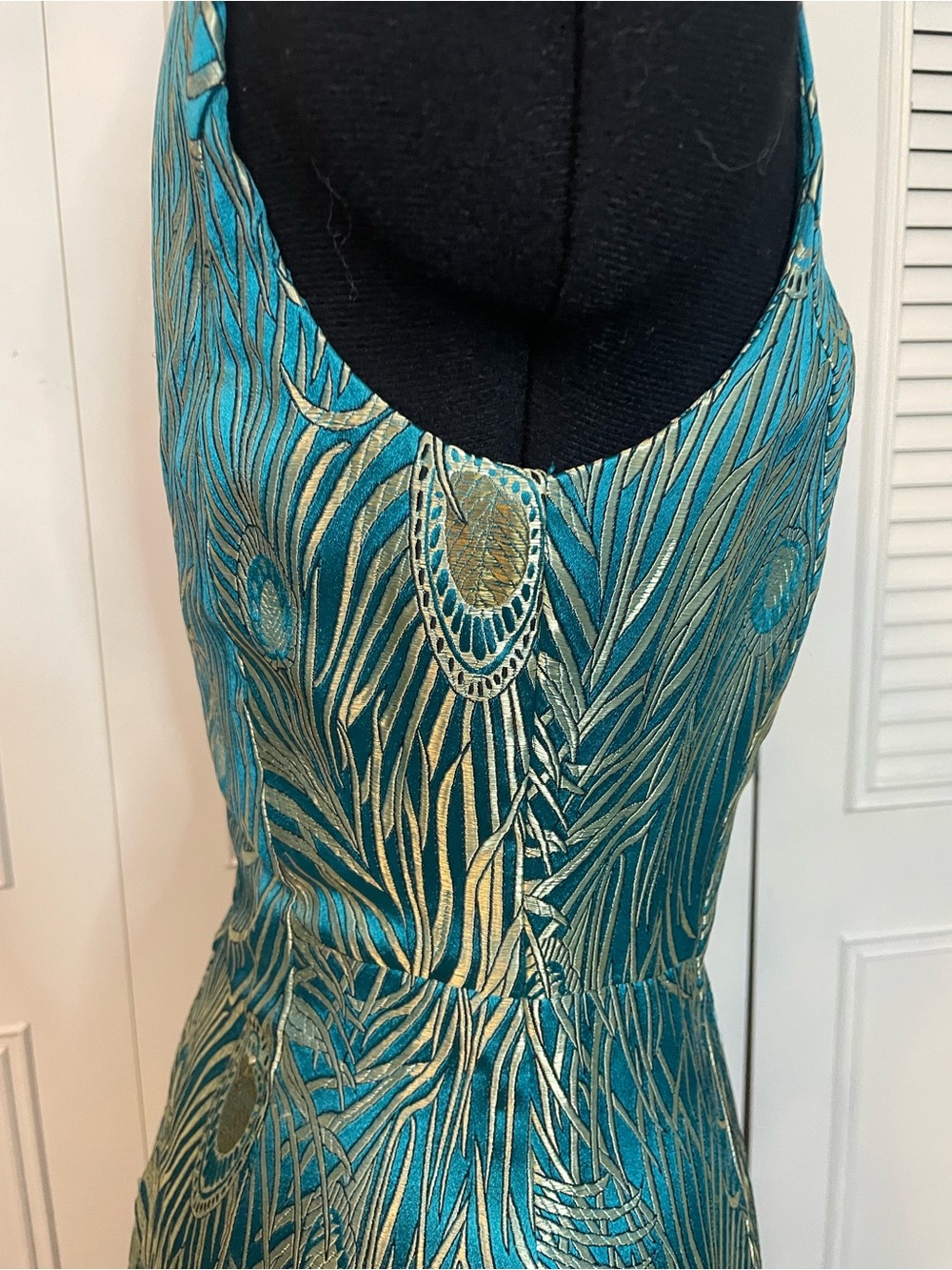 Teal Metallic Peacock Brocade Sheath Dress - Picture 5 of 9